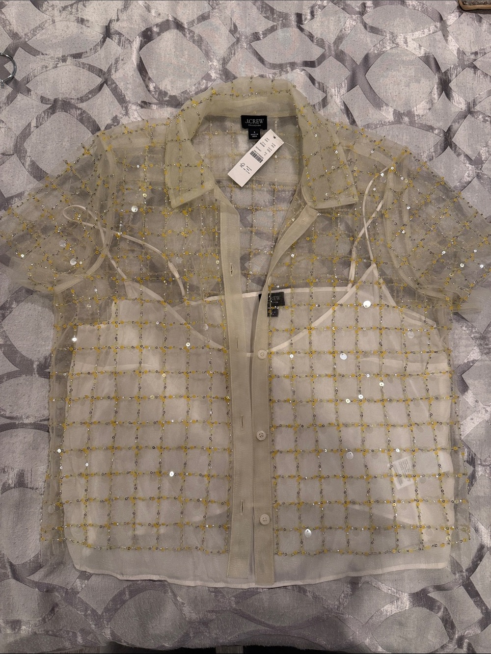 J. Crew Sheer Button-Front Sequin Grid Shirt in Light Beige and Gold